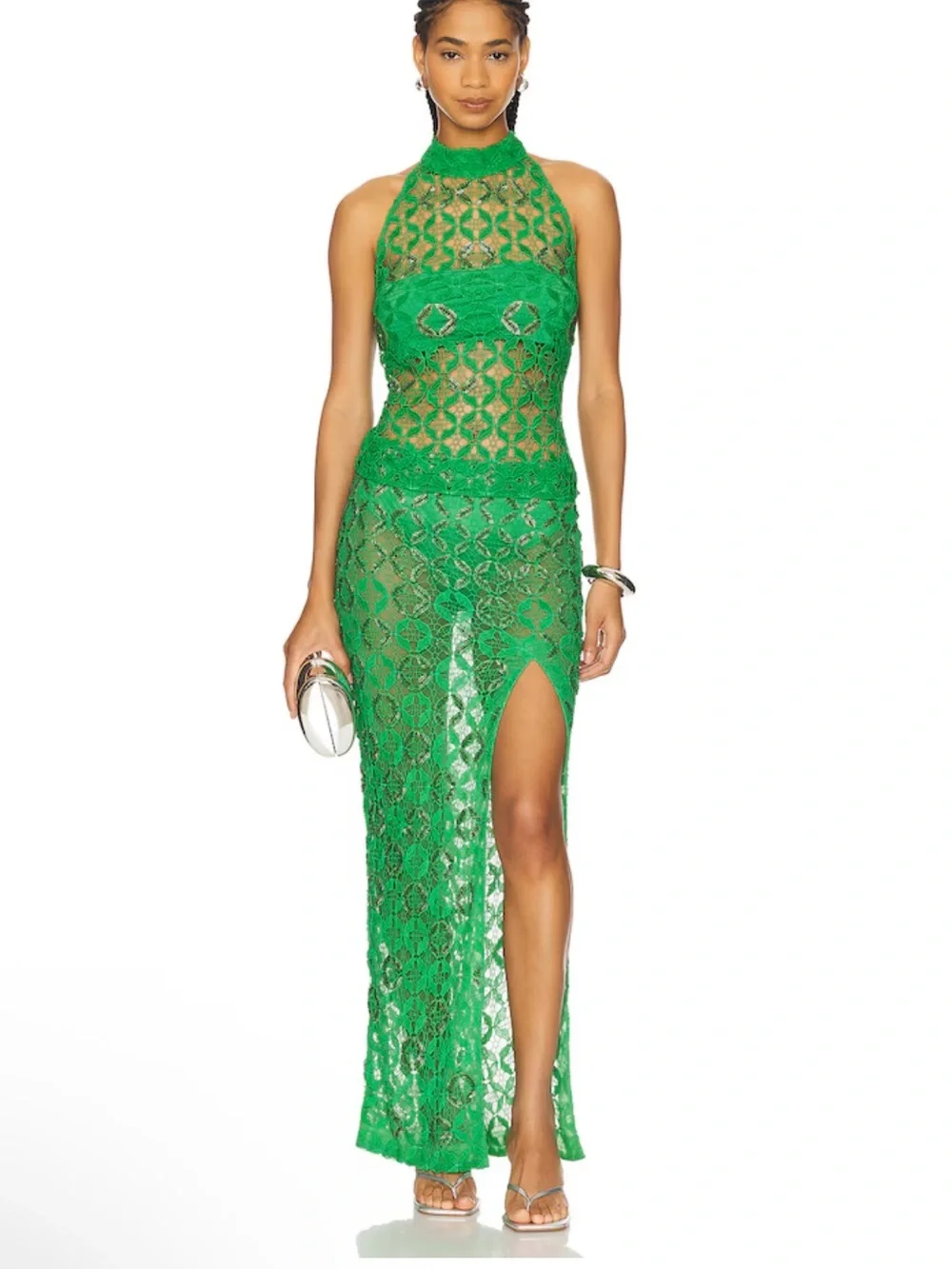 La Fuori Mossy Meadow Skirt Green Lace beaded Maxi Side Slit NWT Revolve S